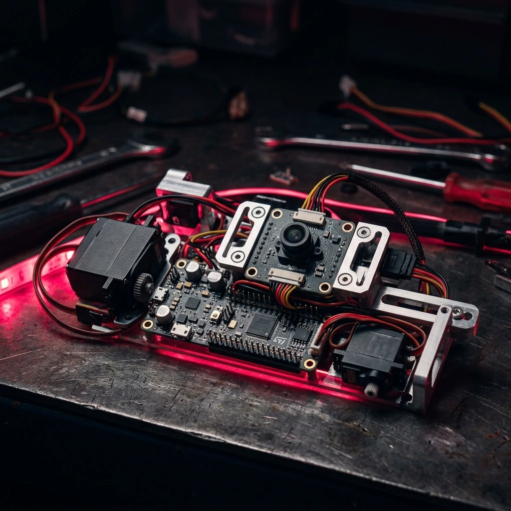 Advanced robotics components and circuit boards with crimson accent lighting