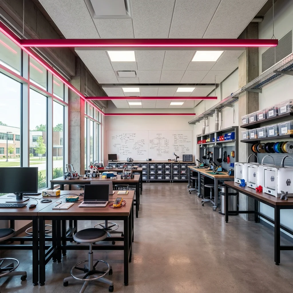 Turnkey modular robotics lab setup for schools with workstations, 3D printers, and STEM equipment